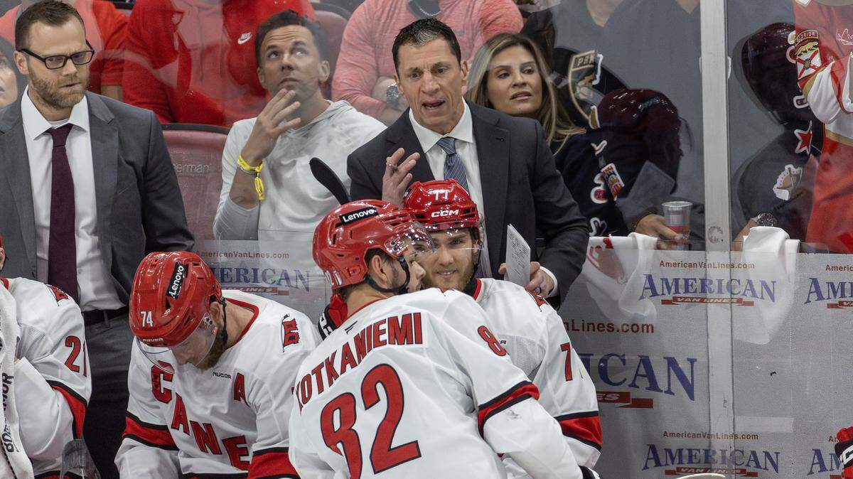 Carolina Hurricanes head coach Rod Brind’Amour directs his players during the first period of Game 3 in the Eastern Conference Final against the Florida Panthers at Amerant Bank Arena, Saturday, May 24, 2025, in Sunrise, Fla.