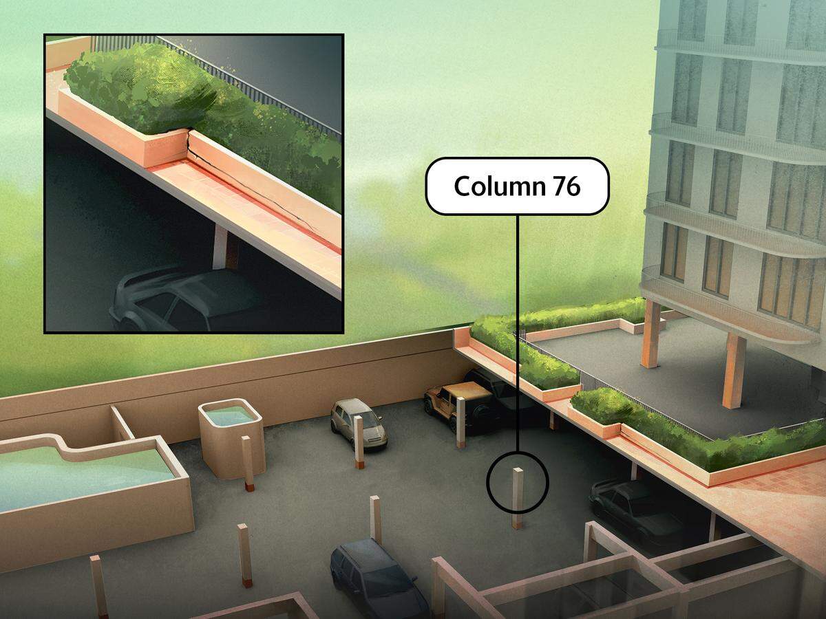 Water had cascaded down column 76 in the basement garage of Champlain Towers South, which experts said suggested serious problems in the slab just 20 feet from the area where a troubling crack in a pool deck planter was discovered weeks before the collapse.