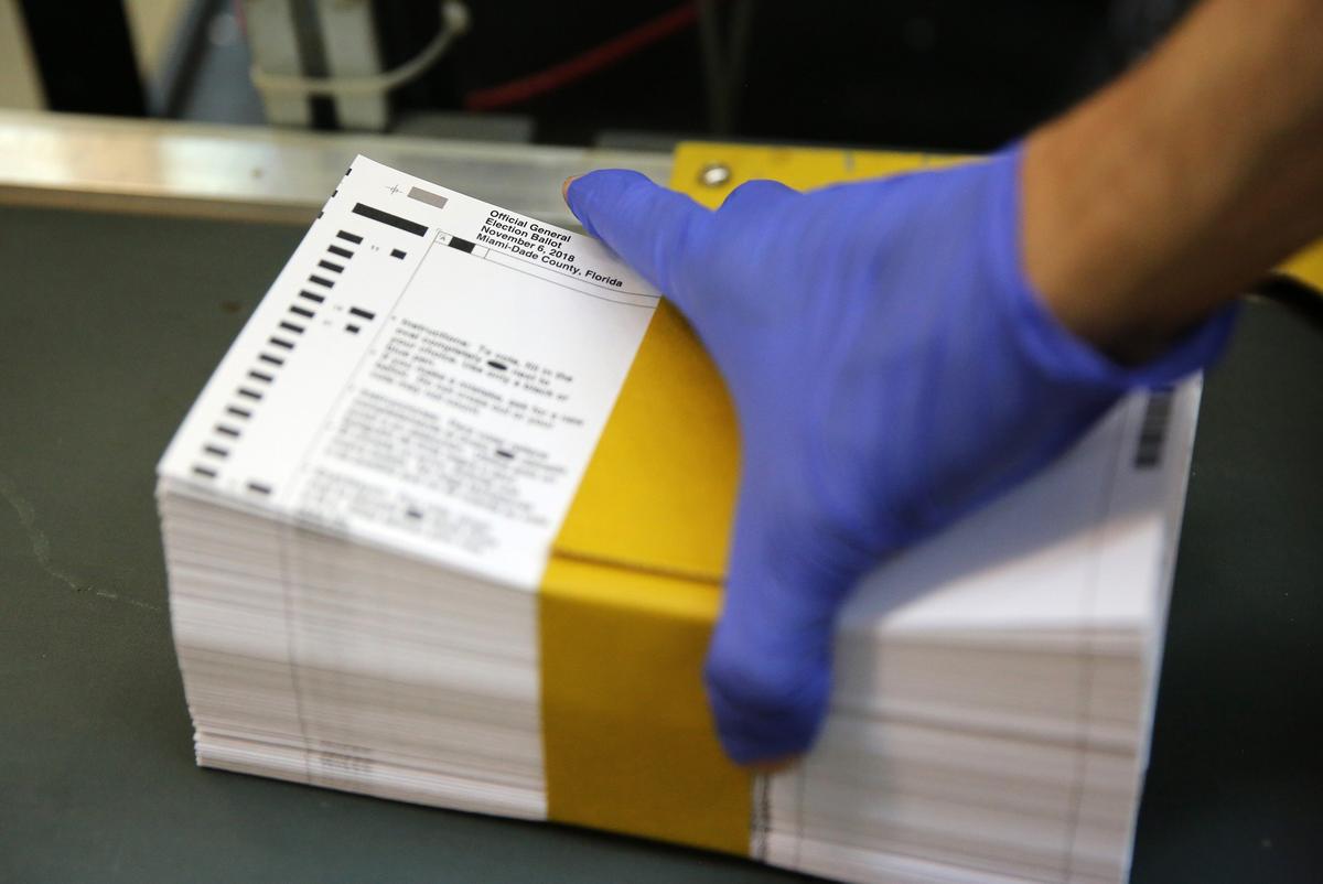 A stack of freshly cut and bundled mail ballots is ready for shipment in the finishing and packaging department at Miami-Dade’s  Internal Services Department print shop Monday, Sept. 24, 2018.