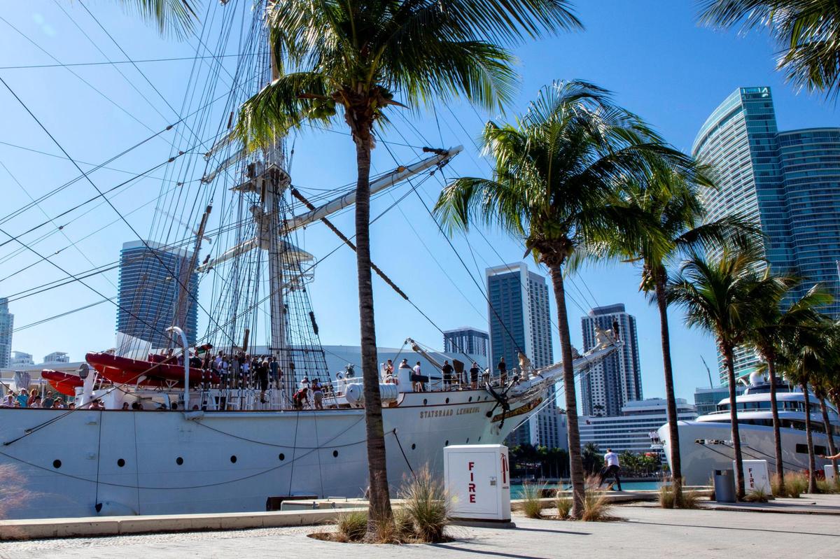 The Norwegian tall ship, Statsraad Lehmkuhl, docked at the Maurice A. Ferré boat slip near FTX Arena in Miami on Tuesday, Dec. 7, 2021.