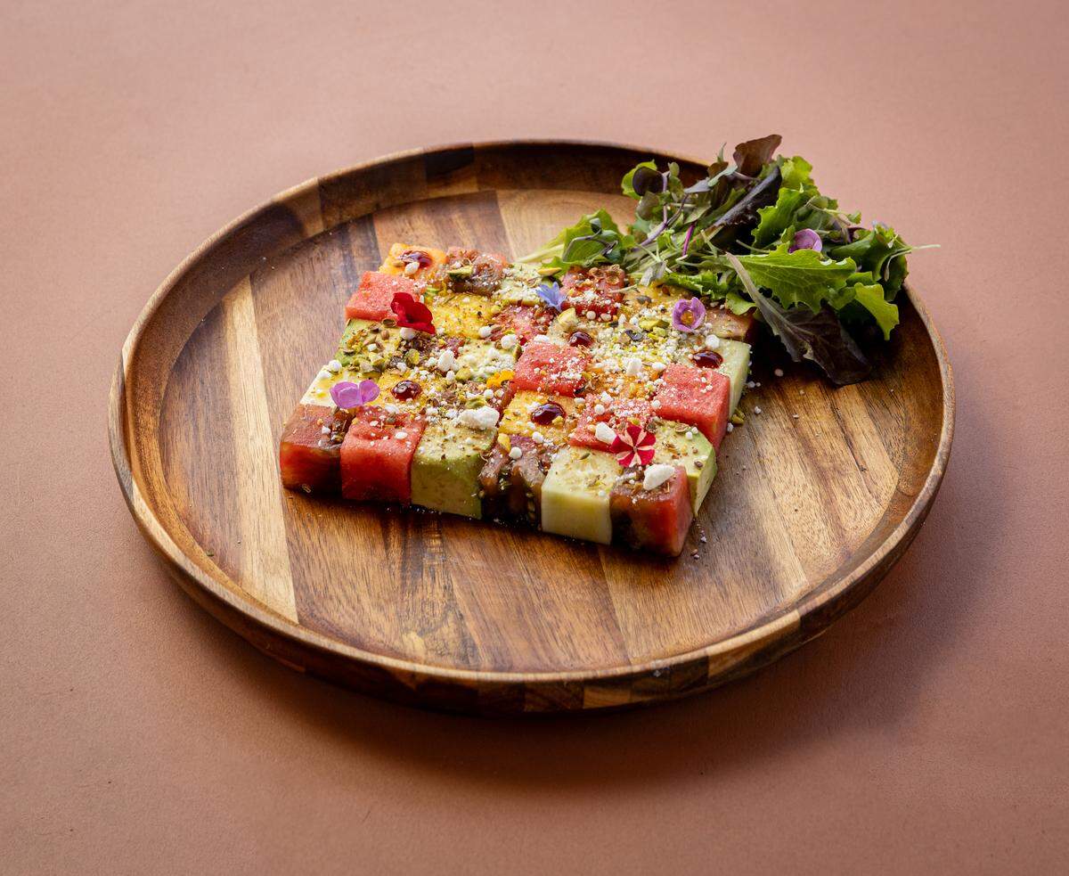 Watermelon chess board at Solei Beach Club at the Kimpton Surfcomber Hotel in Miami Beach.