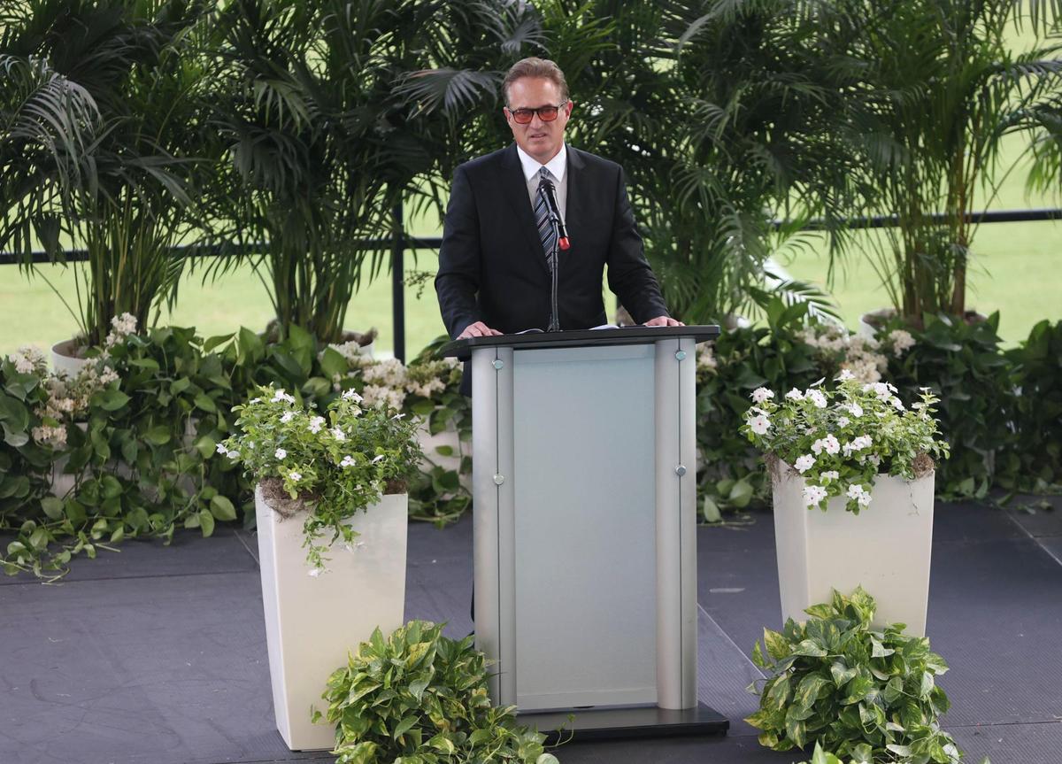 Tom Garfinkel, CEO of the Miami Dolphins, speaks during Jason Jenkins Celebration of Life on Monday, Sept. 5, 2022, at the Hard Rock Stadium in Miami Gardens. Jenkins was the Senior Vice President of Communications and Community Affairs for the Miami Dolphins.