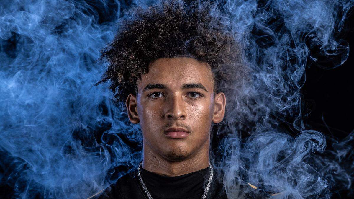 American Heritage quarterback Dia Bell, during High School Football Media Day at Hard Rock Stadium in Miami Gardens, Florida, on Saturday, August 9, 2025.