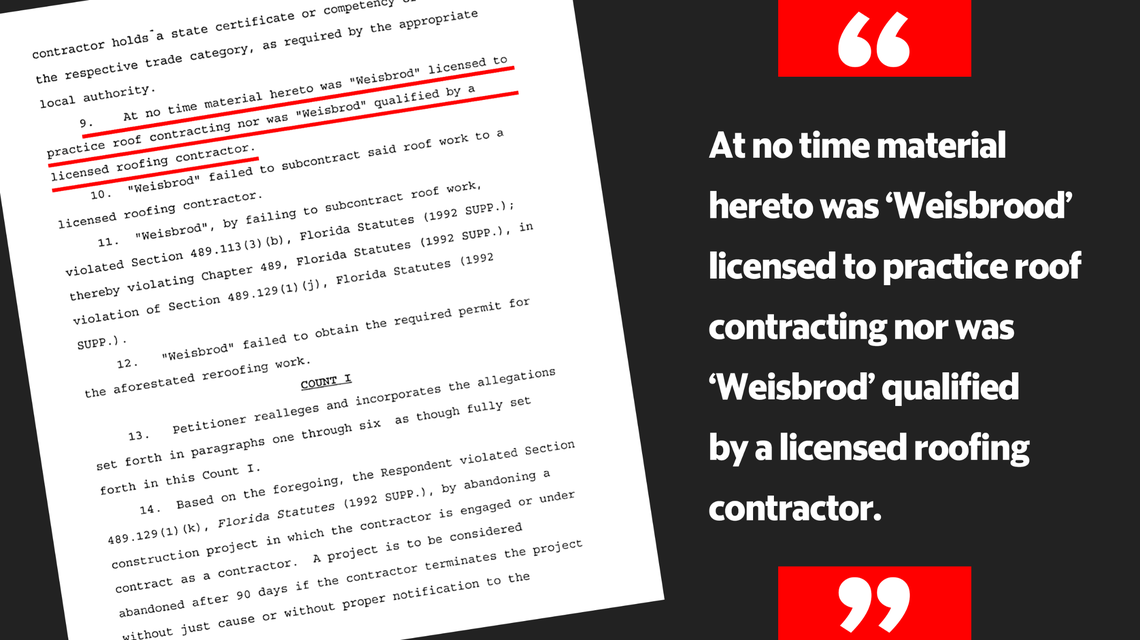 Page three of a 1995 administrative complaint filed by the Florida Department of Business and Professional Regulation against general contractor Alfred Weisbrod over his work on a roof repair project.