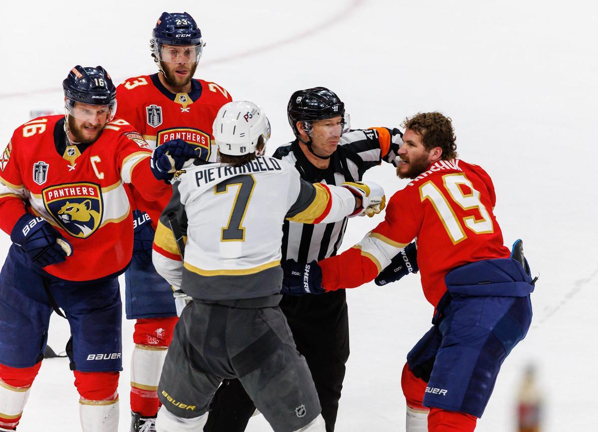Florida Panthers left wing Matthew Tkachuk (19) and Panthers center Aleksander Barkov (16) fight with Golden Knights defenseman Alex Pietrangelo (7) after Game 4 of the NHL Stanley Cup Final at the FLA Live Arena on Saturday, June 10, 2023, in Sunrise, Florida.