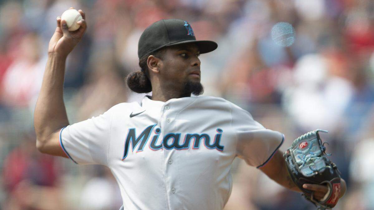 Miami Marlins starting pitcher Edward Cabrera (79) pitching against the Atlanta Braves in the first inning of a baseball game Sunday, Sept. 12, 2021, in Atlanta. (AP Photo/Hakim Wright Sr)