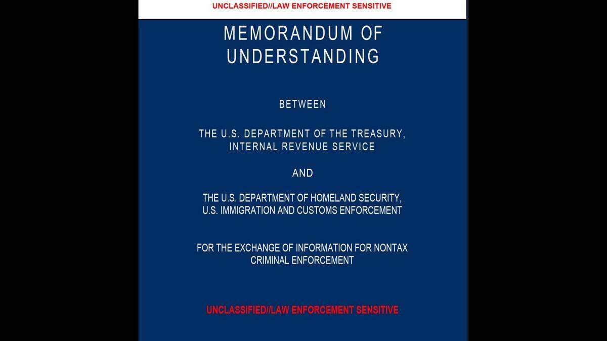 The cover of a memorandum of understanding between Homeland Security and the Department of Treasury submitted by the Department of Justice in response to a lawsuit filed in the U.S. District Court for the District of Columbia.