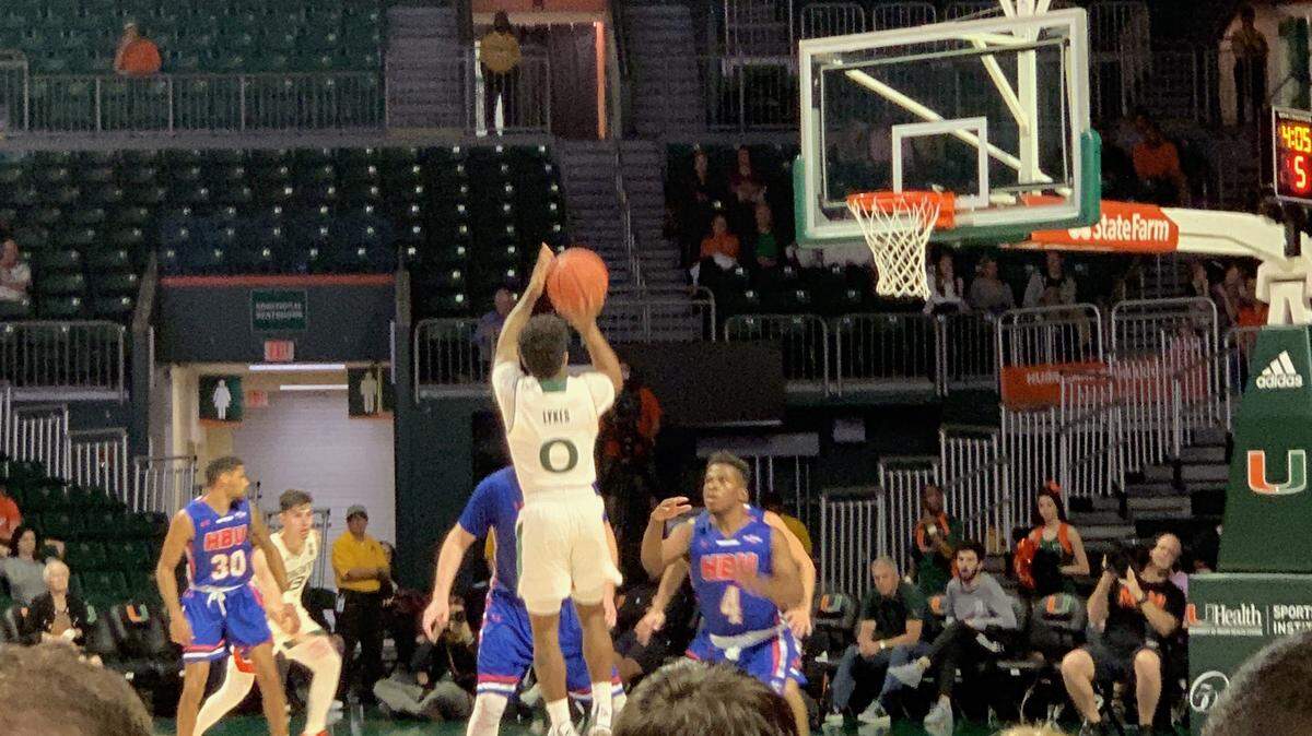 University of Miami point guard Chris Lykes goes high for a shot in an 80-73 win against Houston Baptist University Wednesday night at the Watsco Center in Coral Gables.