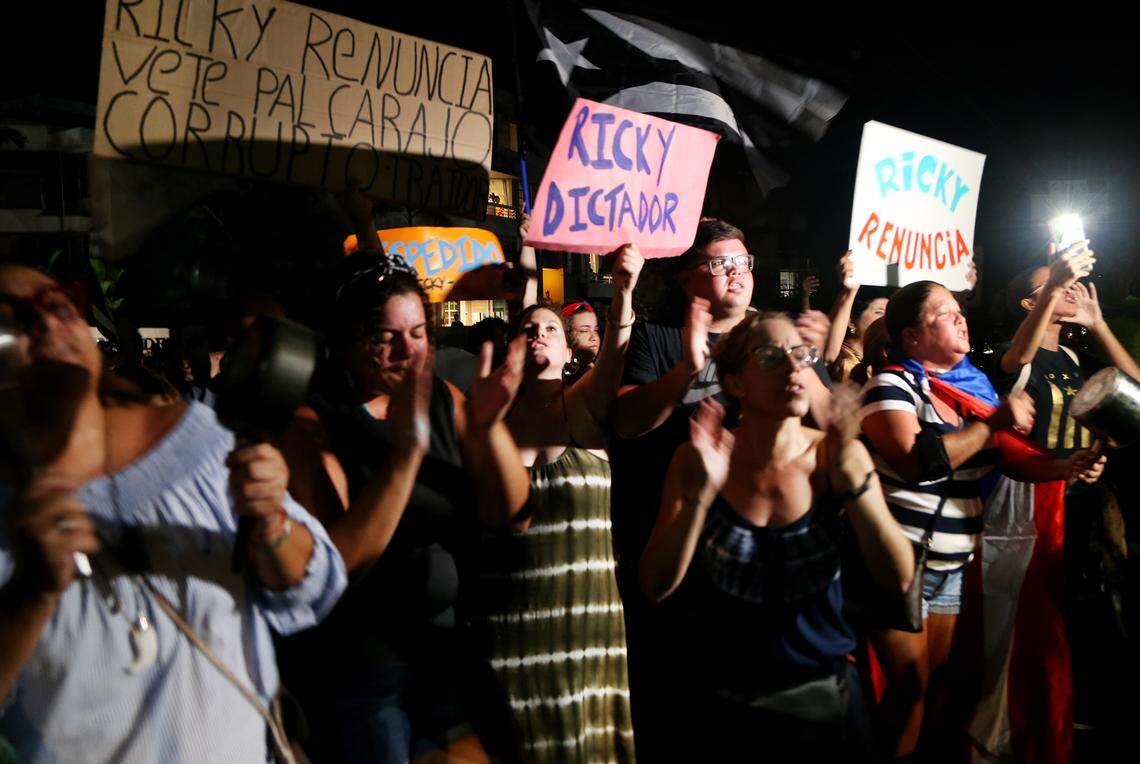 Protesters gathered outside of the Yolanda Guerrero Cultural center in Guaynabo, after Governor Ricardo “Ricky” Antonio Rosselló Nevares,left a meeting with Mayors from his party. The meeting was closed to the media as he entered through a side door. on Sunday July 21, 2019.