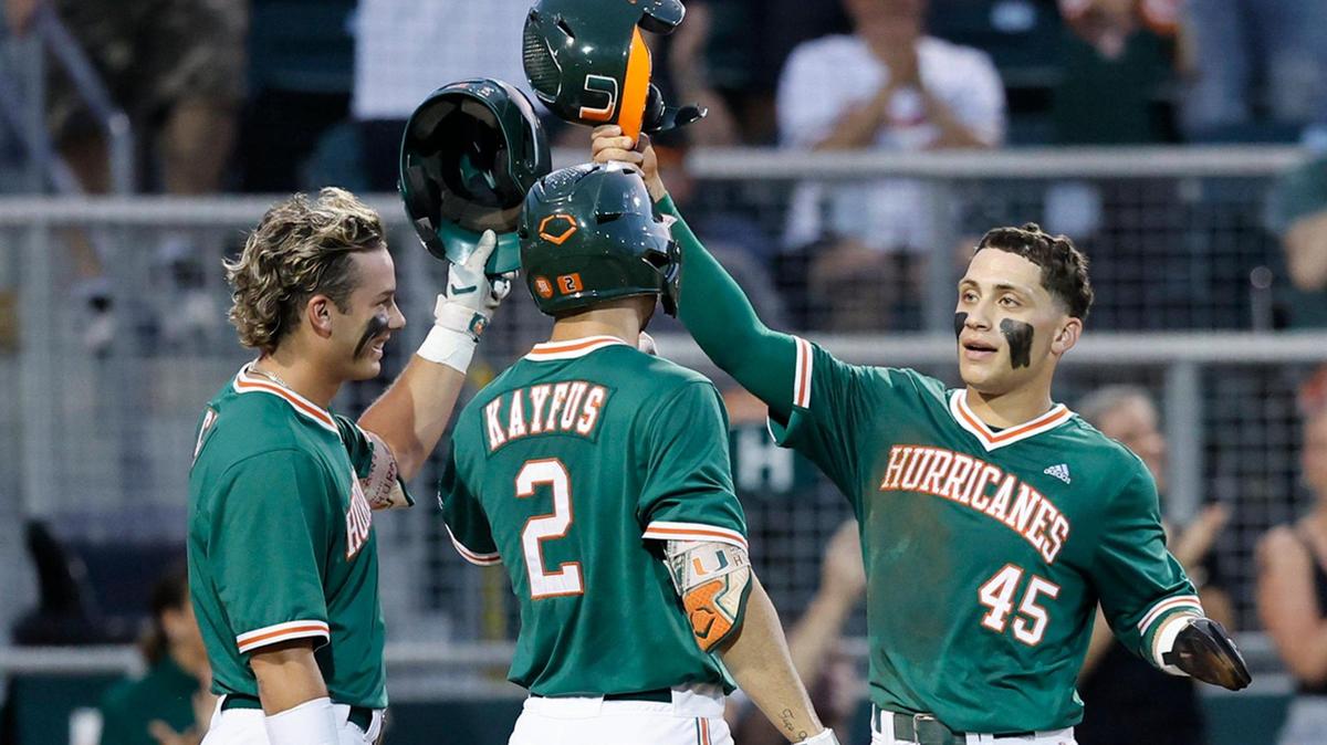 Miami Hurricanes infielder CJ Kayfus (2) greets Edgardo Villegas (45) and CJ Kayfus (2) after Yohandy Morales (35) hits a three-run homer to center in the second inning against Maine in the first round of the Coral Gables Regional of the NCAA Division I Baseball Championship at Alex Rodriguez Park at Mark Light Field in Coral Gables on Friday, June 2, 2023.