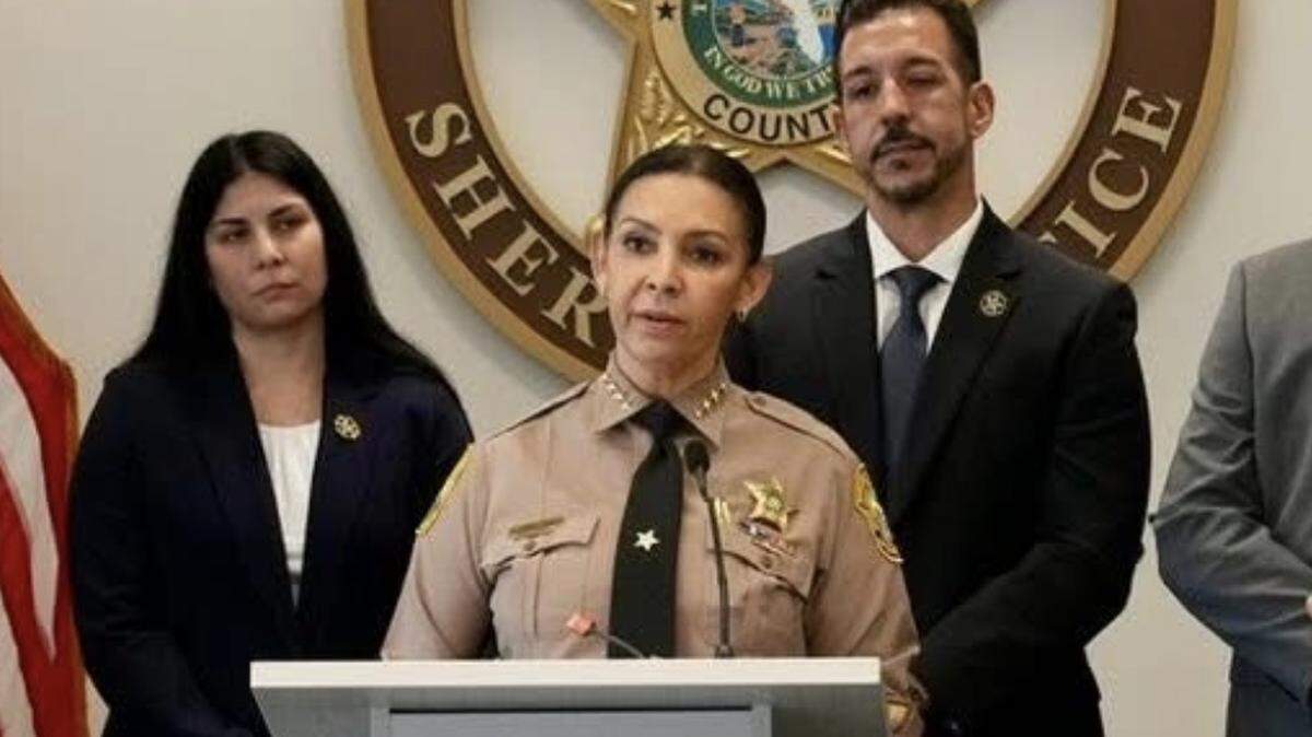 Miami-Dade Sheriff Rosie Cordero-Stutz briefs reporters Friday, Feb. 20, 2026, on an investigation into alleged fraud by 22 motor vehicle tag clerks.