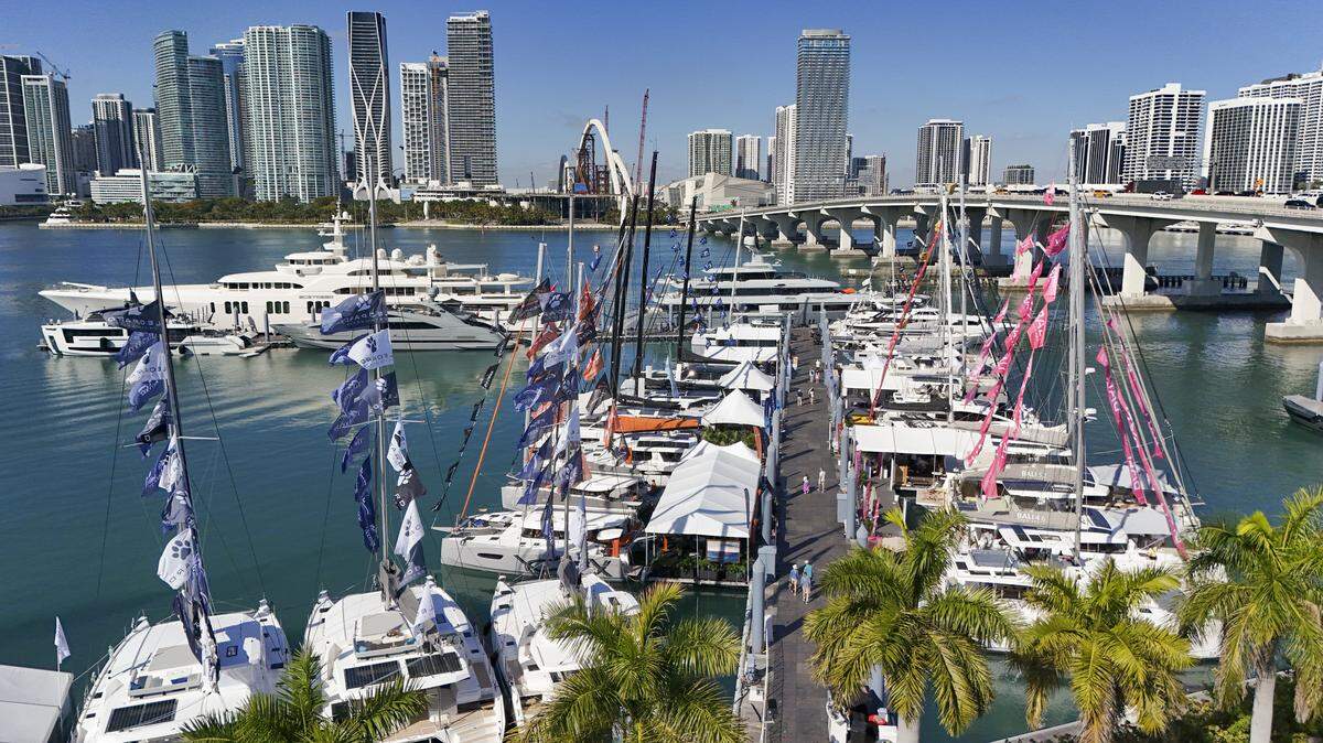 An aerial view at Sailors Cove along MacArthur Causeway during the Miami Beach International Boat Show in Miami Beach, Florida on Thursday, February 12, 2026 