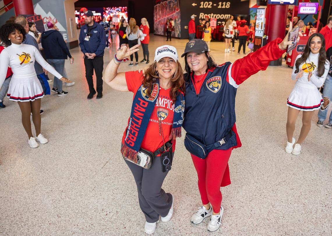 Florida Panthers fans Alyssa Rosenblatt, left, and Julie Katz react as they arrive to a watch party at the Amerant Bank Arena before their team plays against the Edmonton Oilers in Game 1 of the NHL Stanley Cup Final on Wednesday, June 4, 2025, in Sunrise, Fla.