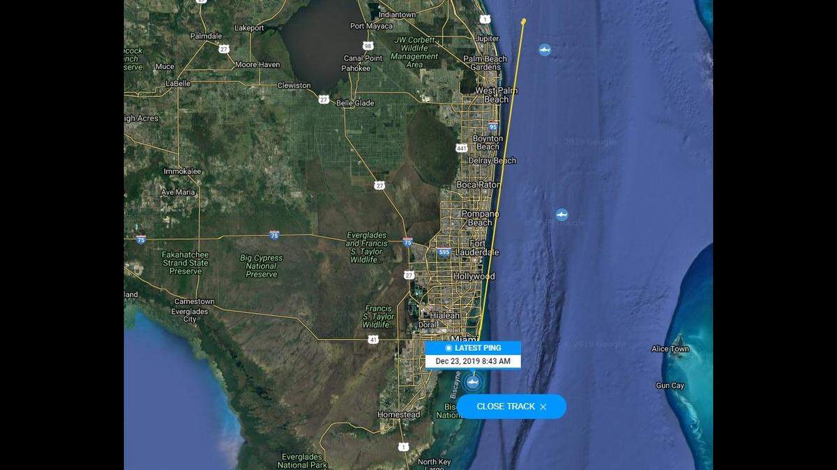 The great white shark Ironbound has been swimming along Florida’s coast for much of December. Here is his track from waters off Jacksonville south to an area near Bill Baggs State Park in Key Biscayne on Dec. 23, 2019.