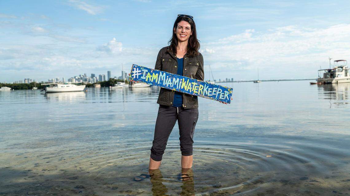 Rachel Silverstein, executive director of Miami Waterkeeper, addresses volunteers at a replanting effort on Virginia Key. Waterkeeper recently received a $5 million grant from the Knight Foundation to increase awareness about climate change in the city.