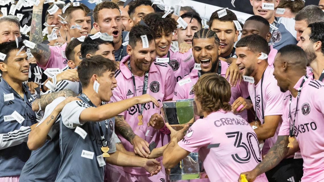Inter Miami players celebrate with the Leagues Cup after defeating Nashville SC in the final match of the tournament at GEODIS Park on Saturday, Aug. 19, 2023, in Nashville, Tenn. Miami opens the 2024 Leagues Cup at home Saturday against Mexican club Puebla.