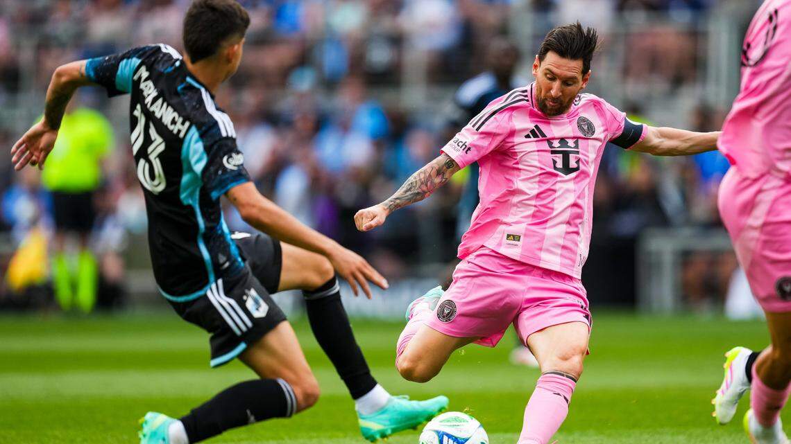 May 10, 2025; Saint Paul, Minnesota, USA; Inter Miami forward Lionel Messi (10) shoots during the first half against Minnesota United at Allianz Field. Mandatory Credit: Brace Hemmelgarn-Imagn Images