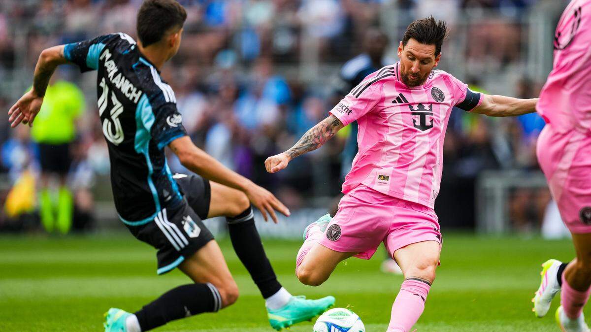 May 10, 2025; Saint Paul, Minnesota, USA; Inter Miami forward Lionel Messi (10) shoots during the first half against Minnesota United at Allianz Field. Mandatory Credit: Brace Hemmelgarn-Imagn Images