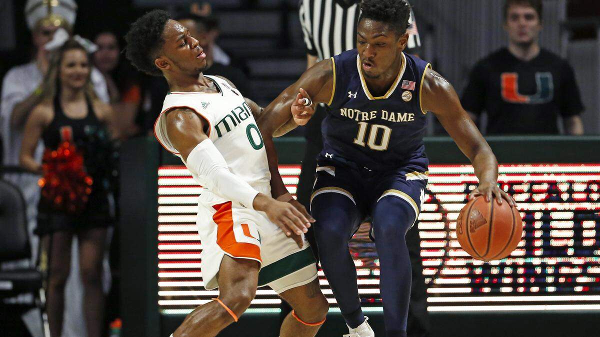 University of Miami guard Chris Lykes (0), shown against Notre Dame, scored 27 points in a near-upset at No. 8 North Carolina on Feb. 9, 2019. He will be counted on against Clemson.