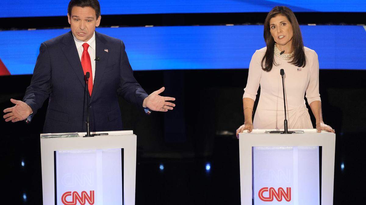 Florida Gov. Ron DeSantis speaks as he and former South Carolina Gov. Nikki Haley take part in a Republican presidential primary debate at Drake University in Des Moines, Iowa, hosted by CNN.