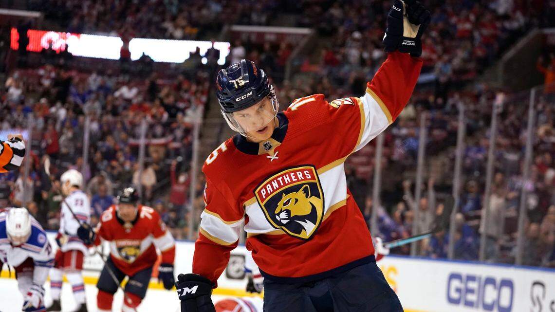 Florida Panthers center Anton Lundell reacts after scoring a goal during the second period of an NHL hockey game against the New York Rangers, Wednesday, Dec. 29, 2021, in Sunrise, Fla. (AP Photo/Lynne Sladky)