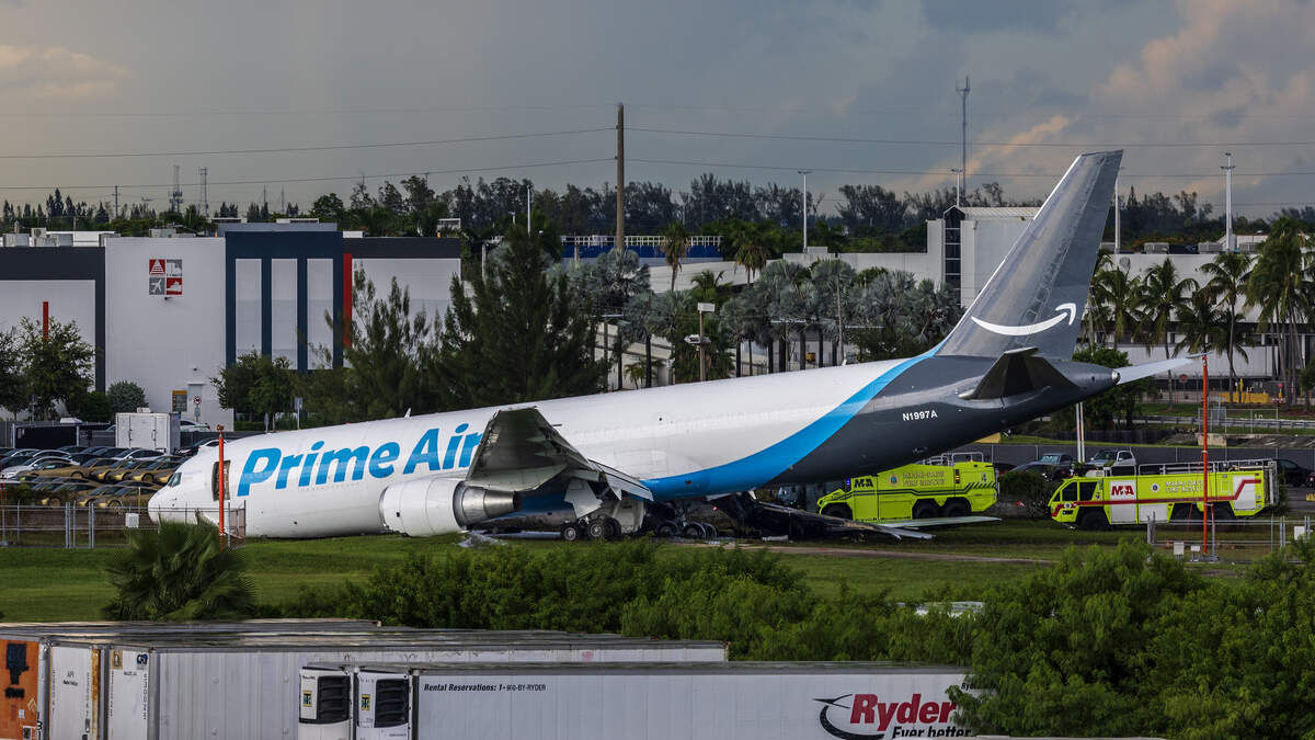 View of an Amazon cargo that plane crashed at Miami International Airport on Sunday afternoon, causing a full ground stop that halted all flights, on September 06, 2026.