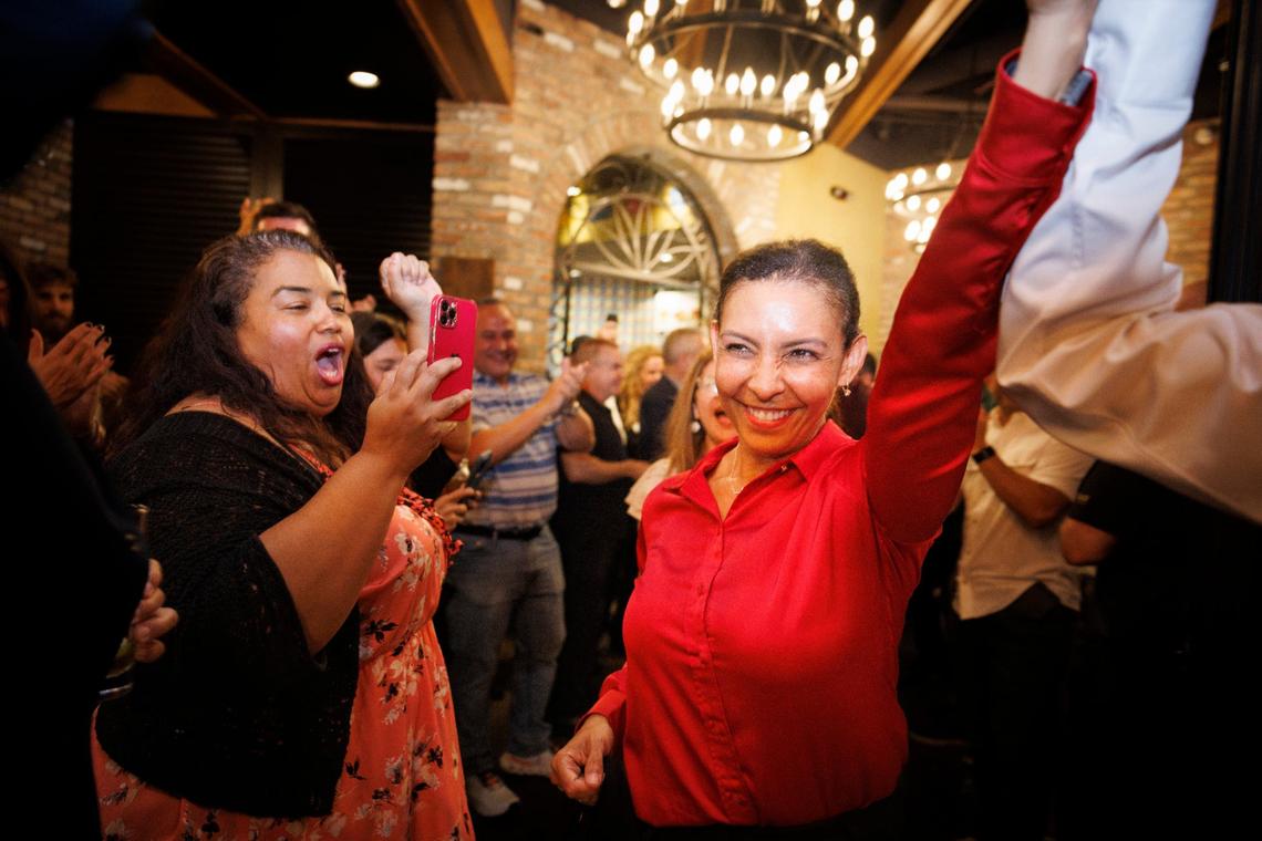 Rosanna “Rosie” Cordero-Stutz reacts to the news that she is the winner of the Republican primary for Miami-Dade County Sheriff during her election night watch party on Tuesday, Aug. 20, 2024, at Sergio’s Restaurant in Doral.