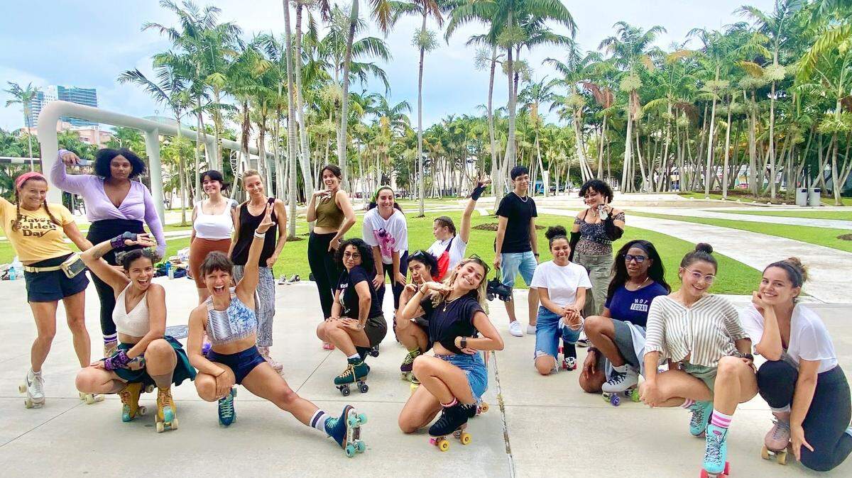 A group of roller skaters gather in Soundscape Park in Miami Beach.