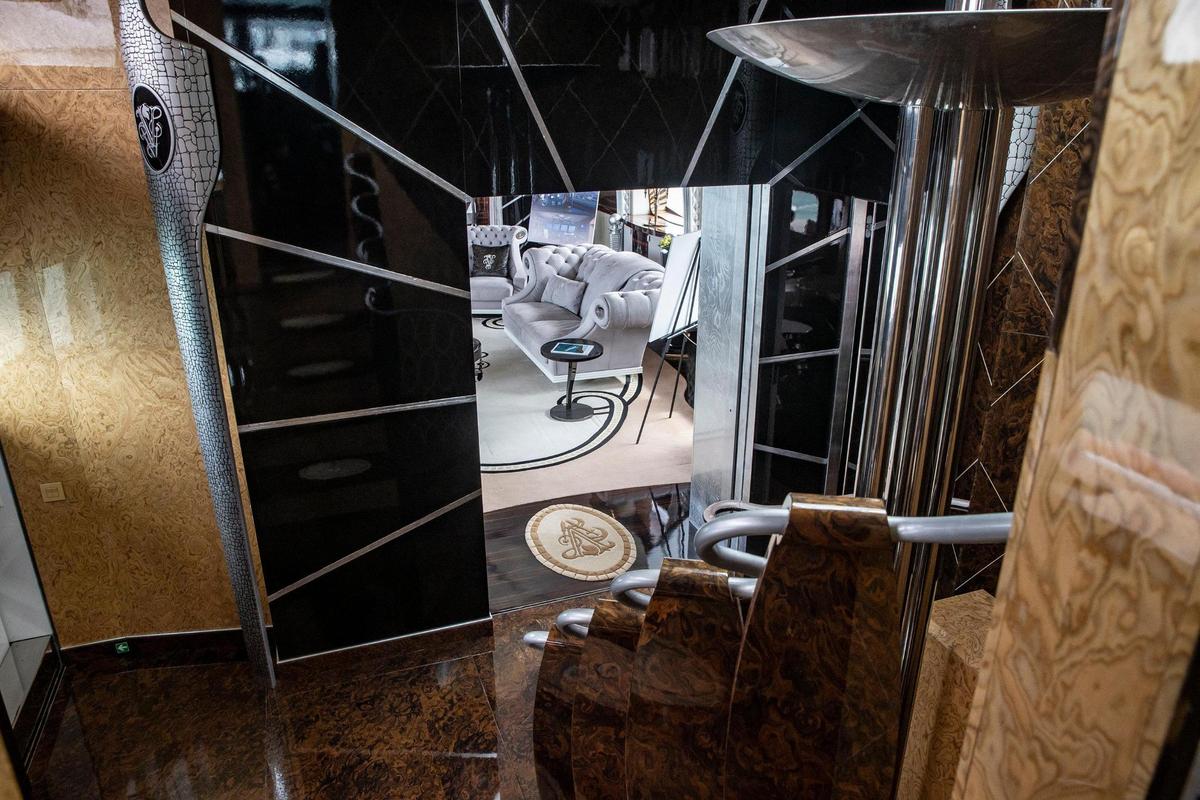 Interior view of The Thunder yacht docked at Island Gardens Marina during the Miami International Boat Show.