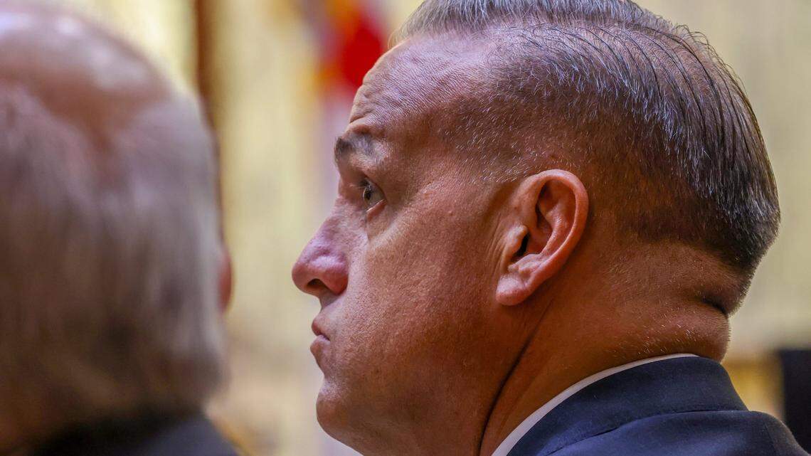 Frank Artiles, the former Florida GOP senator accused of paying a ghost candidate more than $40,000 to influence a Florida Senate seat election with a heavily favored Democratic candidate, appears in court during the jury selection for his trial on Monday, September 16, 2024, at Courtroom 4-1 at the Richard E. Gerstein Justice Building in Miami, Florida.