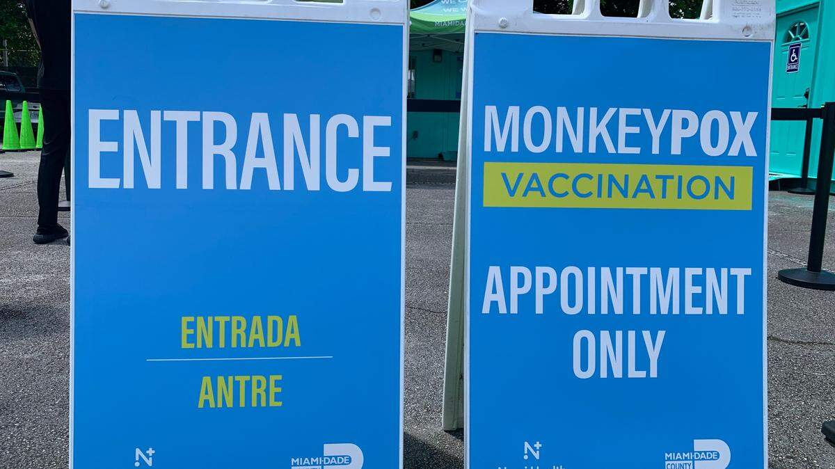 Signage at Tropical Park on the first day Miami-Dade began providing free monkeypox vaccines at two county sites via Nomi Health to at-risk patients who made appointments on Aug. 12, 2022.