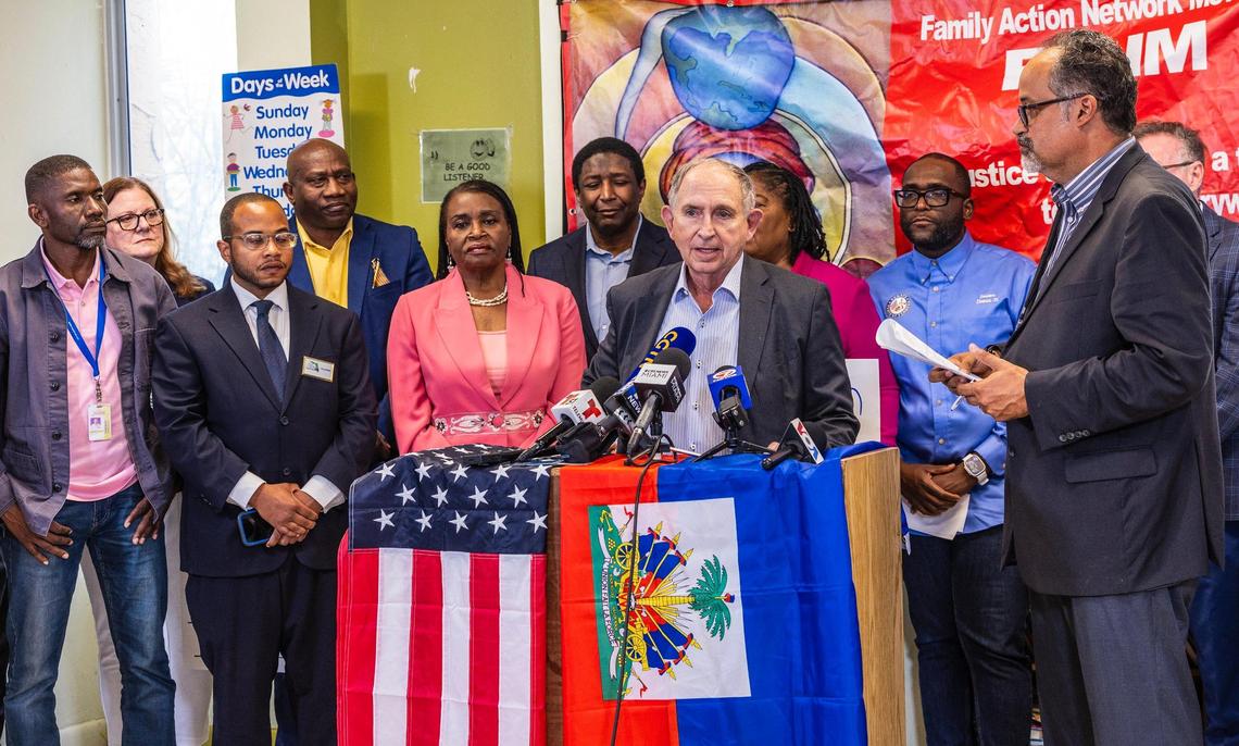 Immigration lawyer Ira Kurzban speaks flanked by local and state elected officials, during a press conference called by the Family Action Network Movement to discuss the roll back of Haiti TPS by President Trump administration affecting thousand of Haitian Families, on Friday, February 21, 2025.