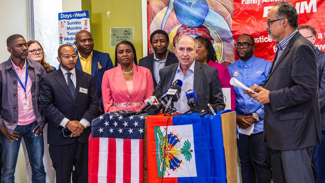Immigration lawyer Ira Kurzban speaks flanked by local and state elected officials, during a press conference called by the Family Action Network Movement to discuss the roll back of Haiti TPS by President Trump administration affecting thousand of Haitian Families, on Friday, February 21, 2025.
