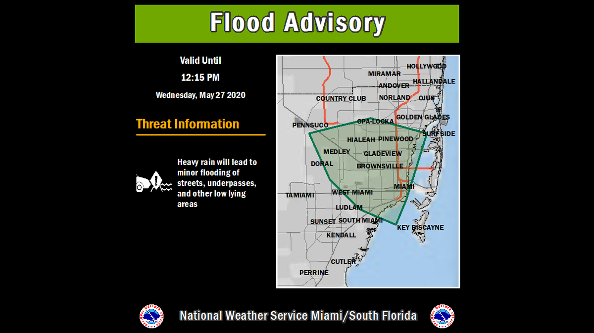 The National Weather Service in Miami issued a flood watch through 12:15 p.m. Wednesday, May 27, 2020, due to lingering puddles after four days of hard rains in South Florida. More afternoon storms are expected for the near future.