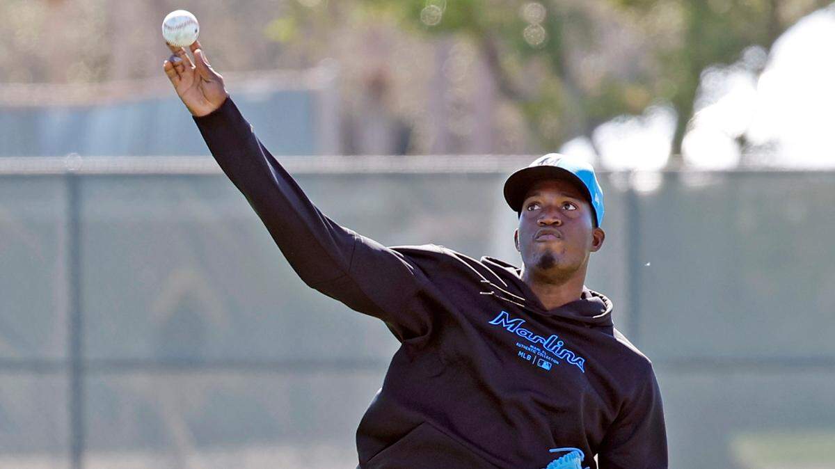 Miami Marlins outfielder Jesus Sanchez throws during spring training at Roger Dean Chevrolet Stadium in Jupiter, Florida on Tuesday, February 20, 2024.