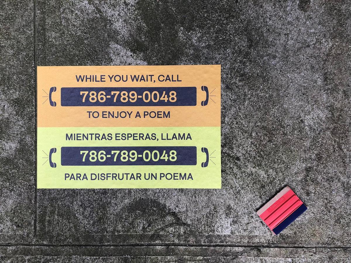 Sidewalk stickers along Sunset Drive encourage listeners to dial a poem as part of the “Poetic Drive” project.