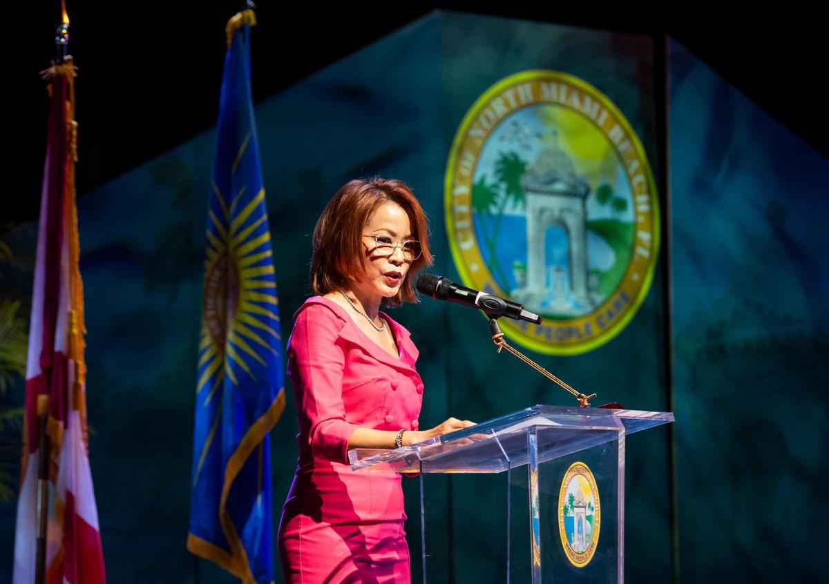 Newly elected North Miami Beach Commissioner Lynn Su speaks after being sworn in during a ceremony at the Julius Littman Performing Arts Theater on Tuesday, Dec. 10, 2024, in North Miami Beach, Fla.