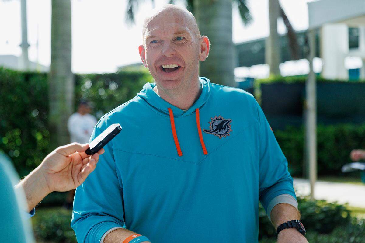 Miami Dolphins offensive line coach Butch Barry speaks with the media before NFL football training camp at Baptist Health Training Complex in Hard Rock Stadium on Tuesday, August 22, 2023 in Miami Gardens, Florida.