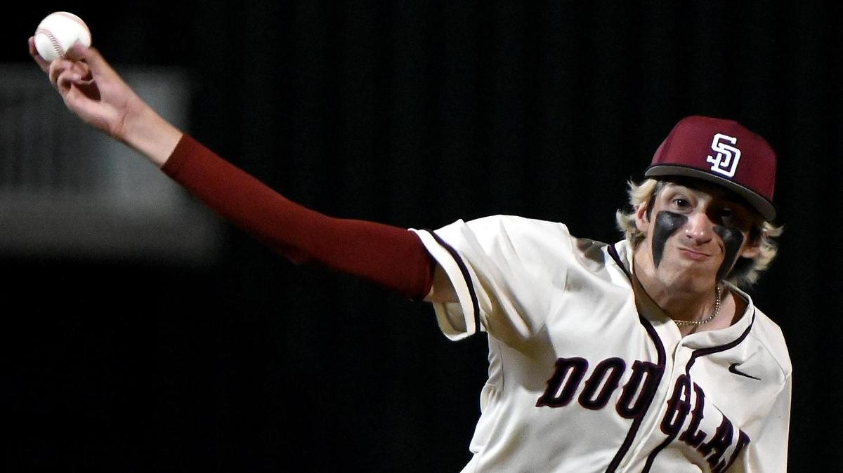 Stomeman Douglas’ Jayden Dubanewicz pitches during the Eagles’ 10-0 win over Tampa Plant in the Class 7A baseball state championship game on Wednesday night in Fort Myers, Fla.