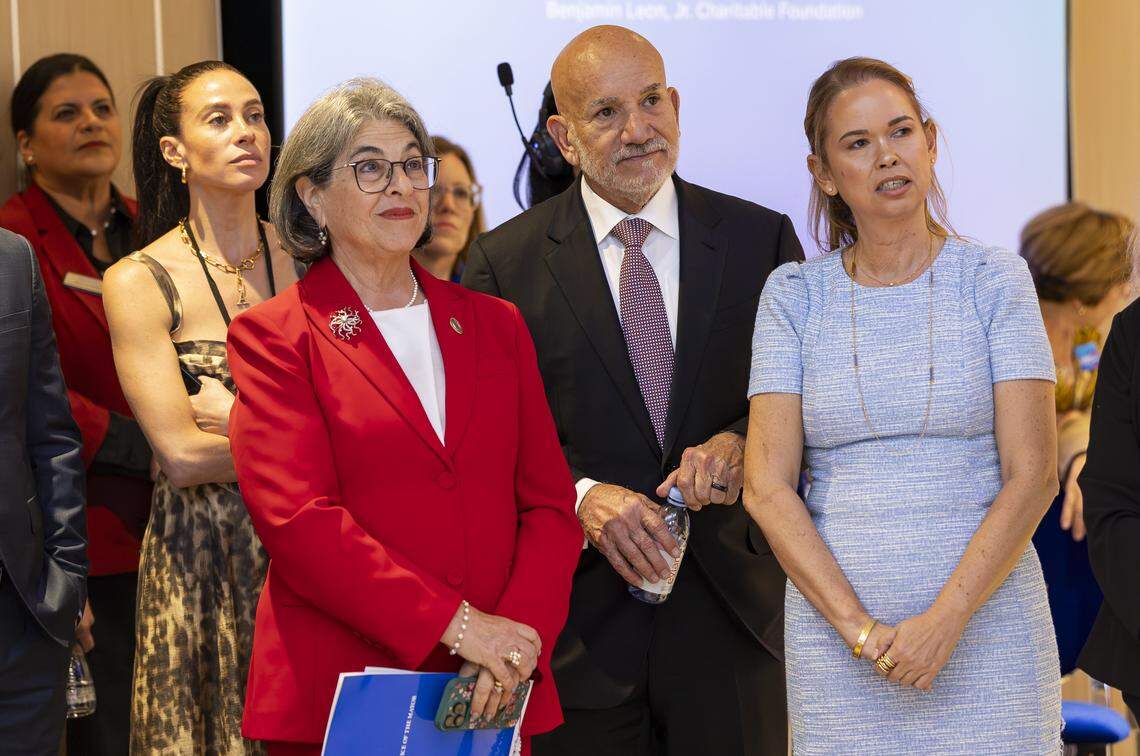 Miami Dade County Mayor Daniella Levine Cava, Carlos Migoya, outgoing Jackson Health System chief executive officer, and Flavia Llizo, chief executive officer of Jackson Health Foundation, attend a preview event of a new emergency room at Jackson Memorial Hospital on Thursday, April 16, 2026, in Miami, Fla.