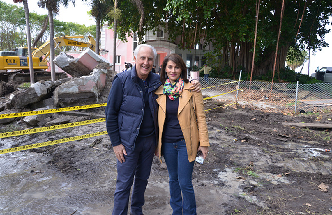 Christian de Berdouare and his wife Jennifer Valoppi in front of the property in Miami Beach during the 2016 demolition