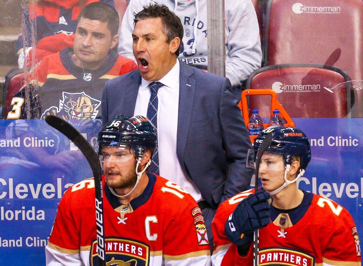 Florida Panthers interim head coach Andrew Brunette reacts to a call during the first period of an NHL game against the Vancouver Canucks at FLA Live Arena in Sunrise, Florida, on Tuesday, January 11, 2022.