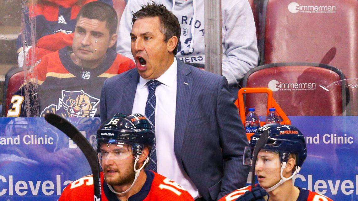 Florida Panthers interim head coach Andrew Brunette reacts to a call during the first period of an NHL game against the Vancouver Canucks at FLA Live Arena in Sunrise, Florida, on Tuesday, January 11, 2022.