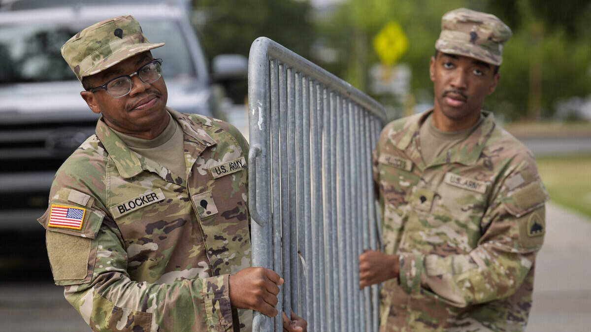 Member of the National Guard arrive at the DC Armory in Washington on August 12, 2025. On August 11 President Donald Trump announced federal take over of the Metropolitan Police Department under the Home Rule Act and the deployment of the National Guard to assist in crime prevention in the nation’s capital. Photo by Yuri Gripas/Abaca/Sipa USA