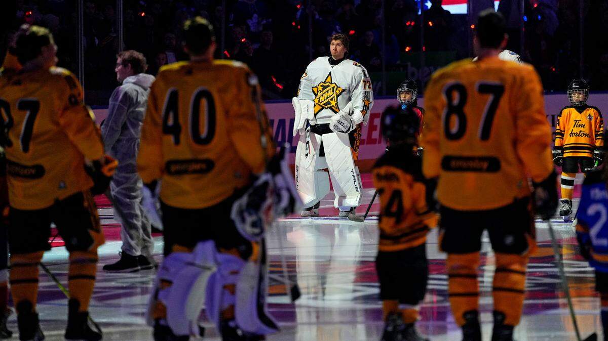 Feb 3, 2024; Toronto, Ontario, CAN; Team McDavid goalkeeper Sergei Bobrovsky (72) of the Florida Panthers stands for the national anthem before the 2024 NHL All-Star Game at Scotiabank Arena.