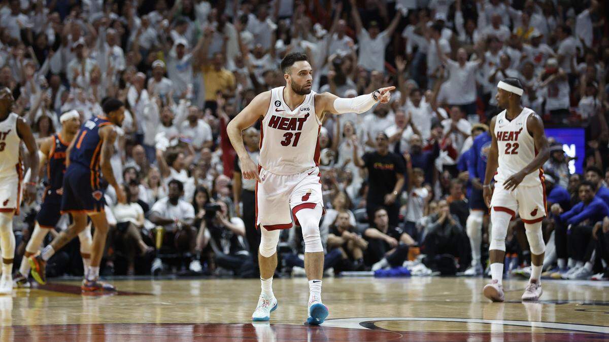 Miami Heat guard Max Strus (31) reacts after sinking a three-pointer in the fourth quarter against the New York Knicks in Game 6 of the NBA Eastern Conference Semifinals at the Kaseya Center in Miami on Friday, May 12, 2023.