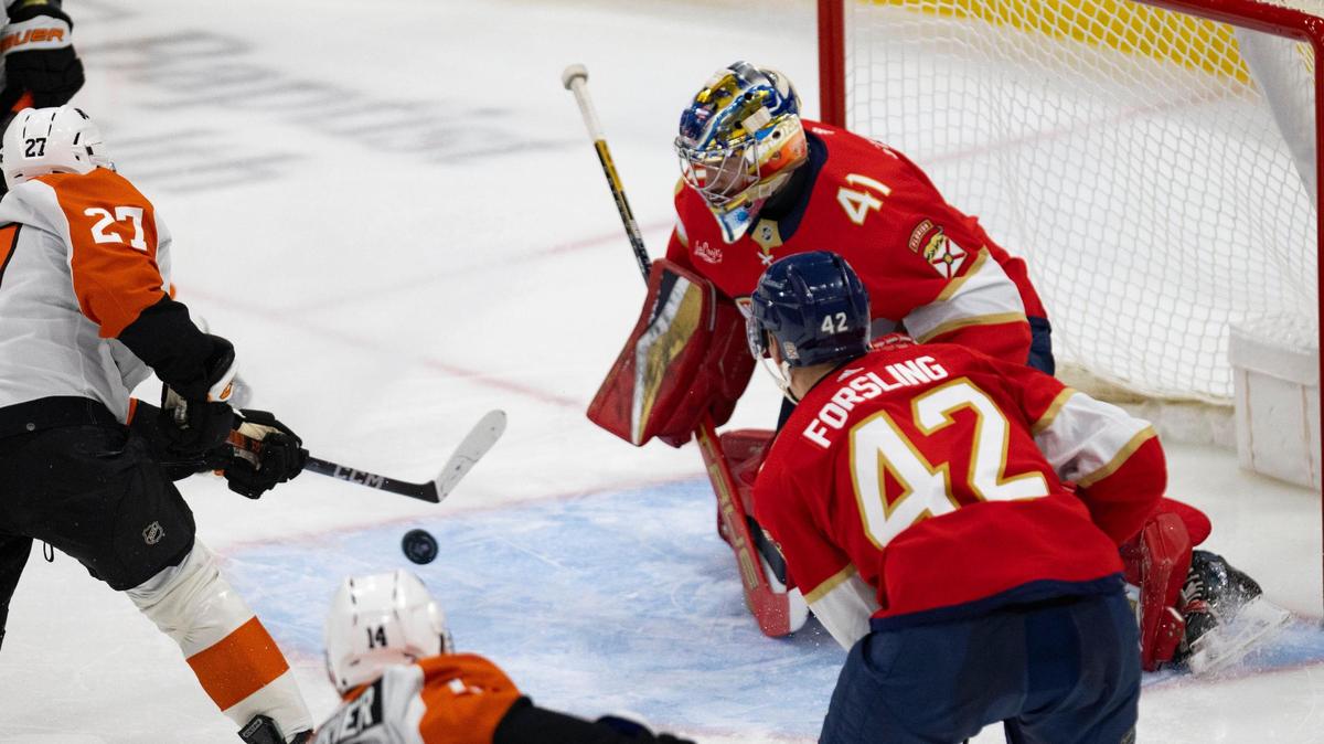 Philadelphia Flyers left wing Noah Cates (27) scores a goal on Florida Panthers goaltender Anthony Stolarz (41) during the third period of a hockey game on Tuesday, Feb. 6, 2024, at Amerant Bank Arena in Sunrise, Fla.