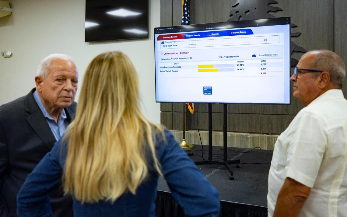 Miami-Dade County Property Appraiser Tomás Regalado, left, and County Commissioner Raquel Regalado, center, look at the first ballot drop results at Jose Regalado’s watch party in the special election on Tuesday, June 3, 2025, at Our Lady of Lebanon church in Miami.
