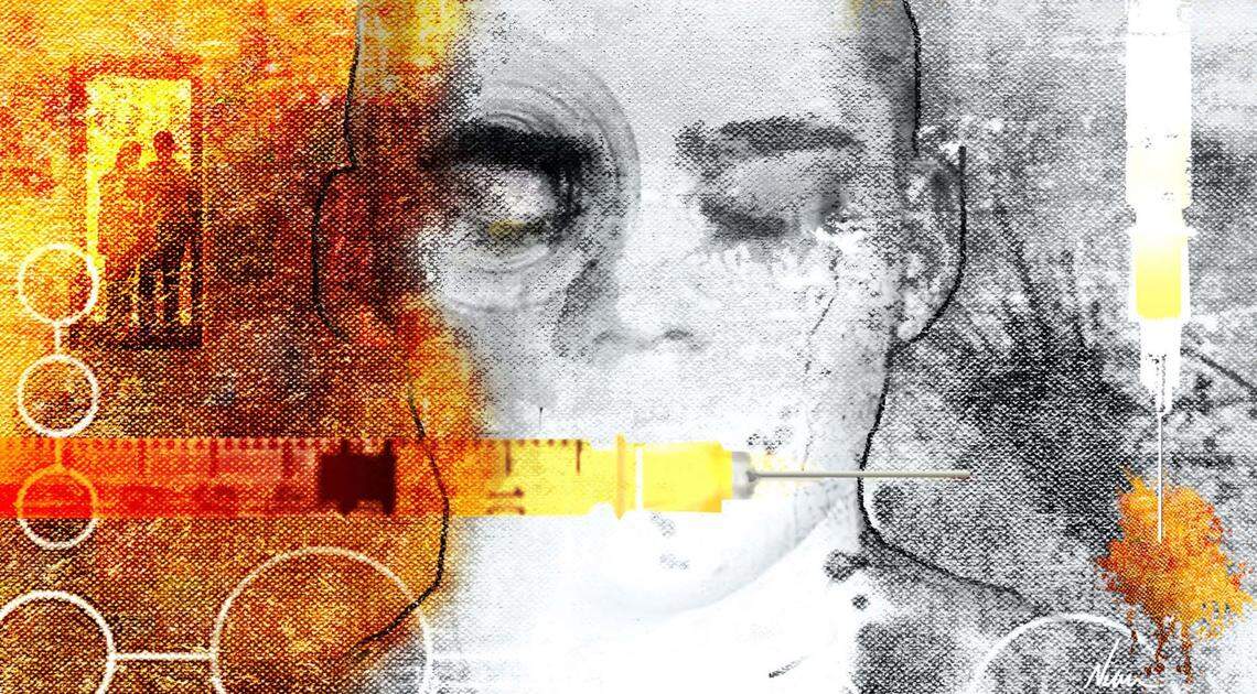 An illustration of a young drug addict pictured with a syringe and concerned family in the background.