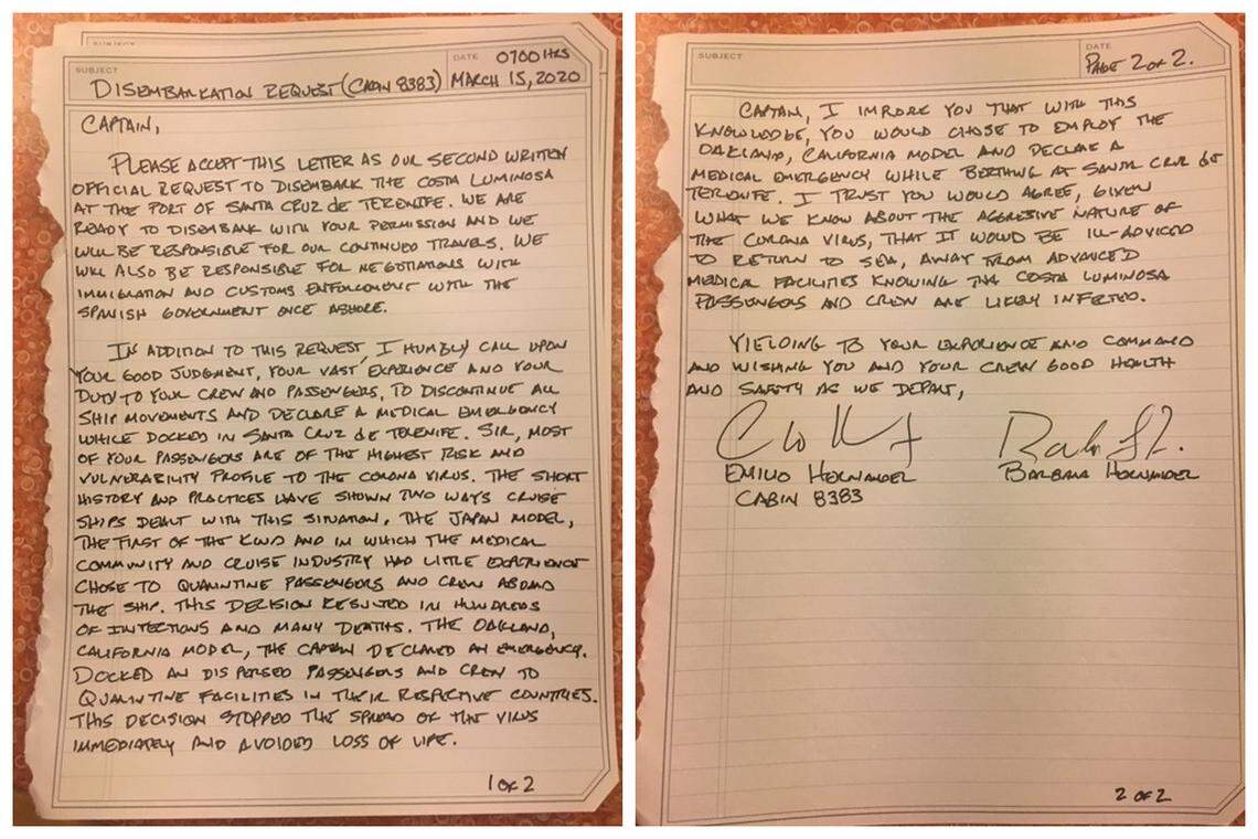 Emilio Hernandez, 51, of Miami, wrote a letter to the captain of the Costa Luminosa ship on March 15 asking to be let off with his wife Barbara, 46. After evacuating a passenger with COVID-19 symptoms in Puerto Rico on March 8, the ship crossed the Atlantic Ocean to Spain. The couple was not allowed to disembark. They got off the ship in France on March 19.